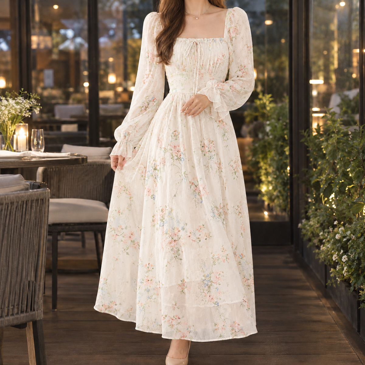 Tatiana-Pearl Floral Midi Dress - Ivory Floral