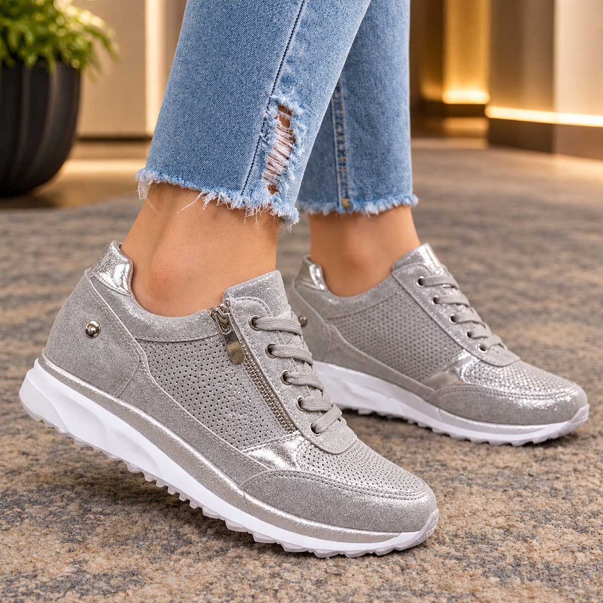 Arcuri Metallic Wedge Sneakers - Gray