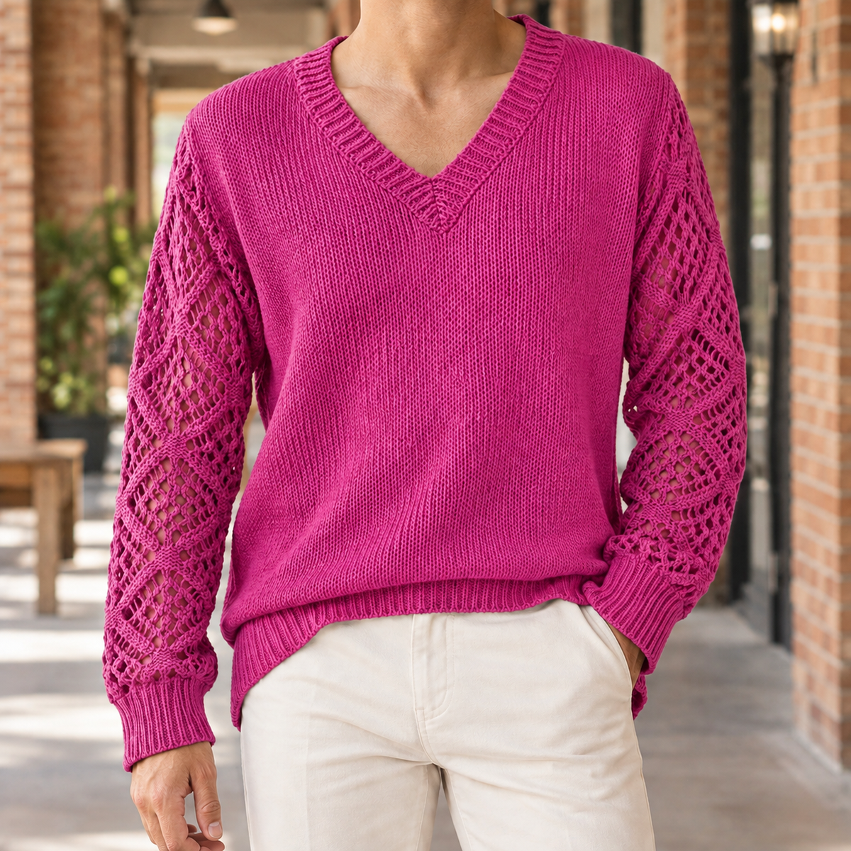 Francis Openwork Sleeve Sweater - Pink