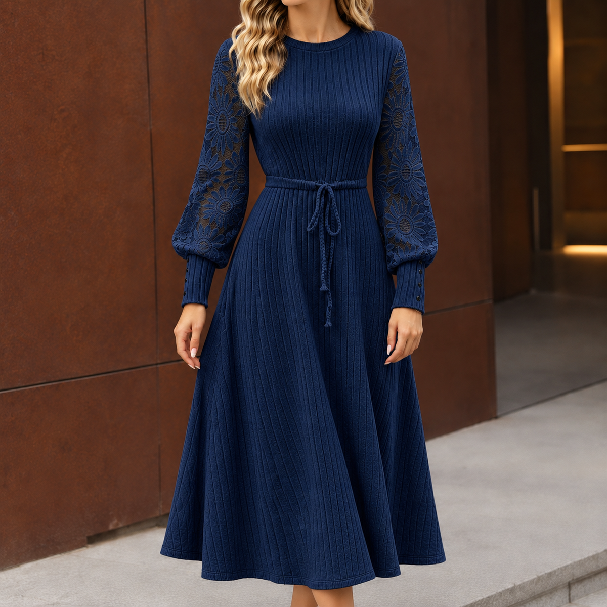 Sasha Lace Sleeve Dress - Navy Blue