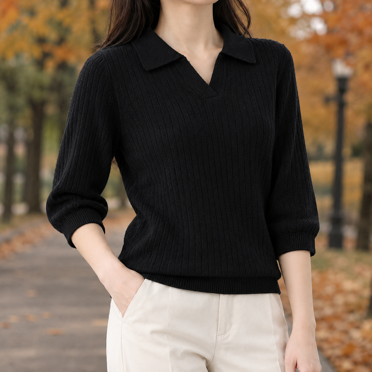Cecilia-Grace Polo Collar Sweater - Black