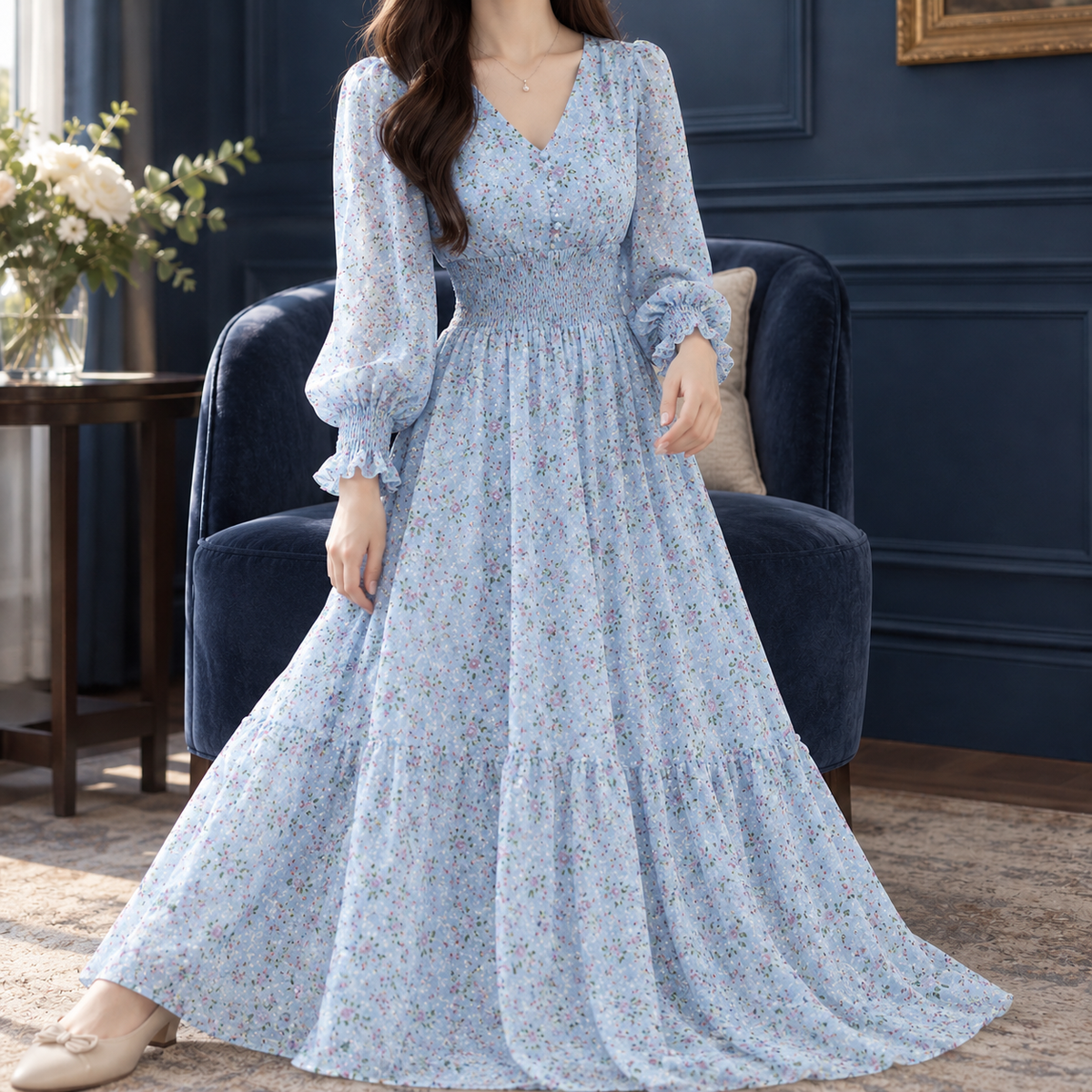 Maylis Smocked Maxi Dress - Light Blue
