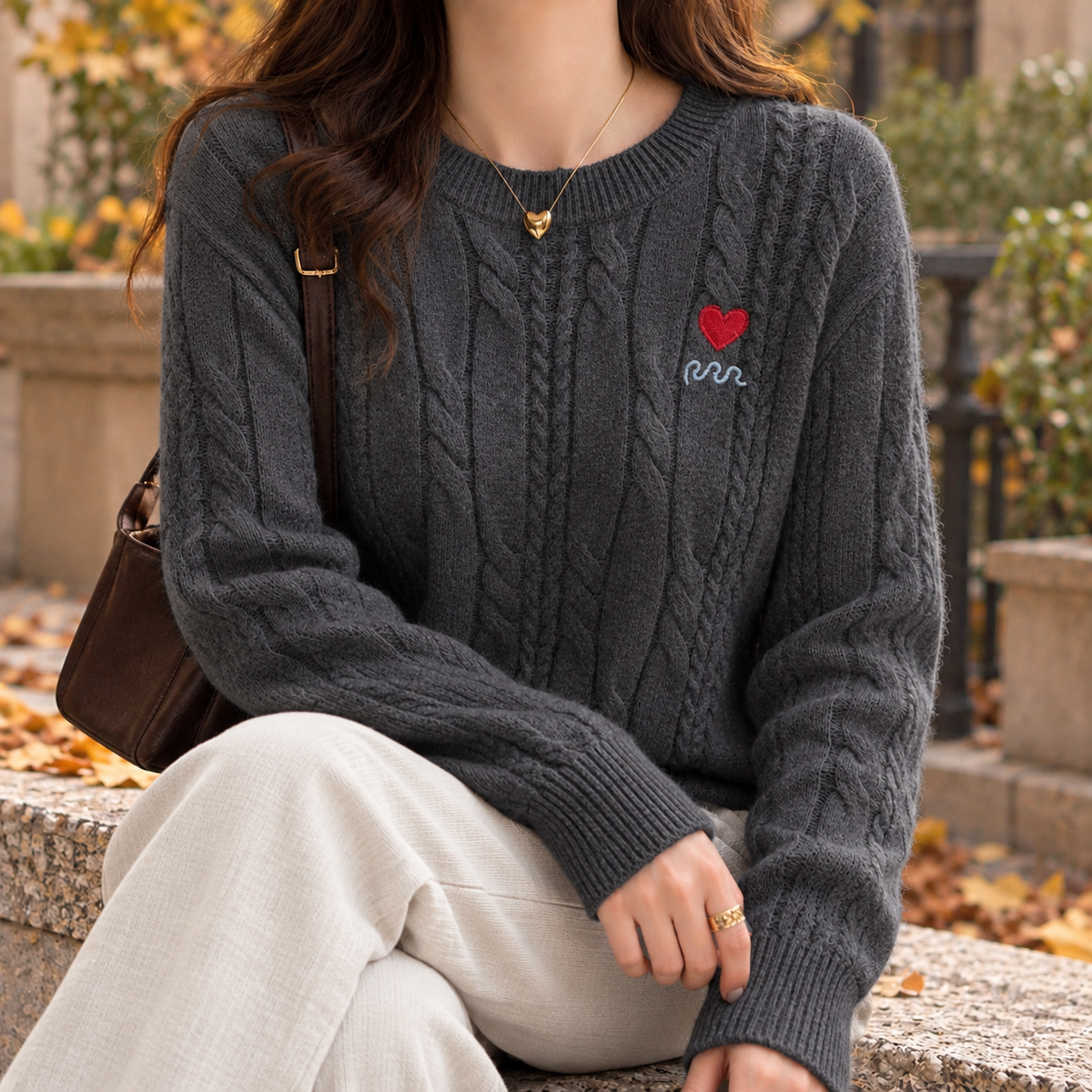 Ines Heart Cable Sweater - Gray