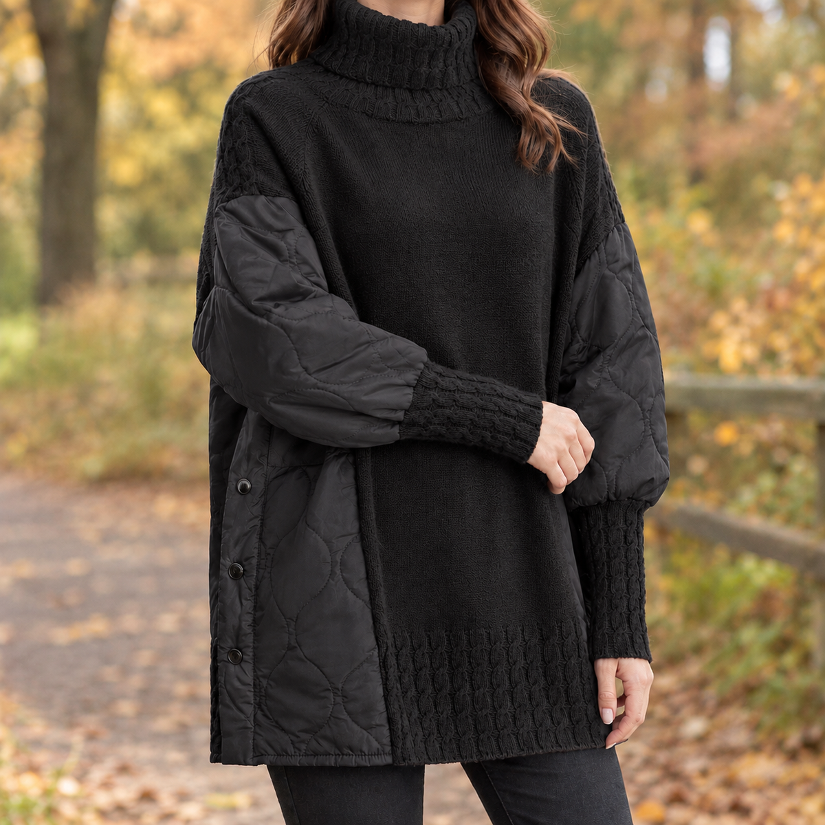Isla-Eve Patchwork Turtleneck Sweater - Black