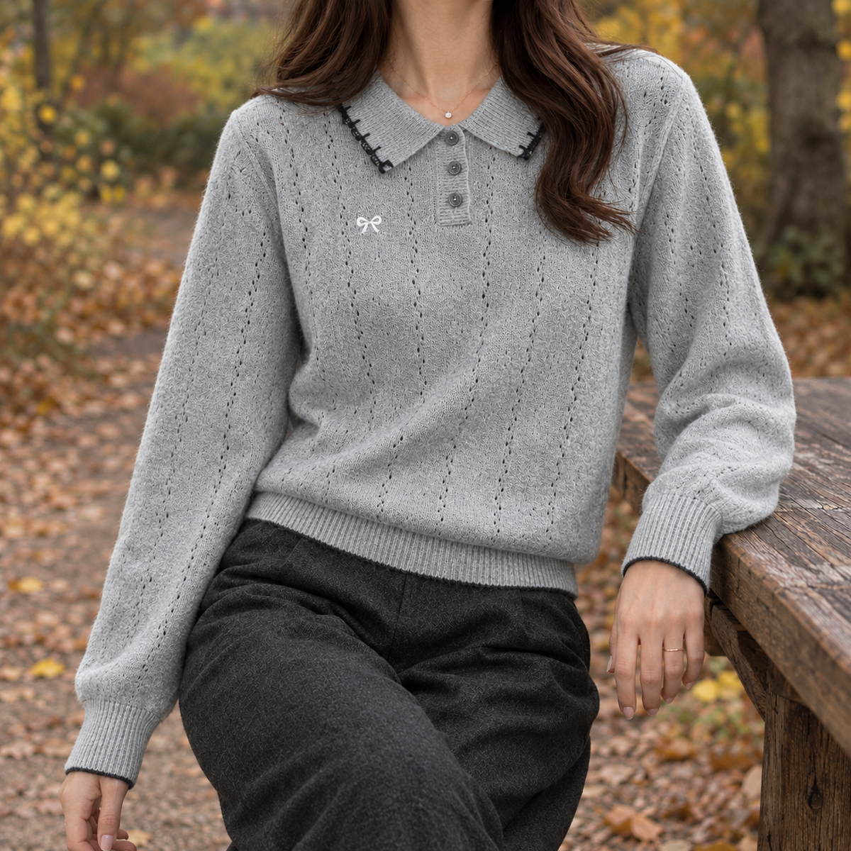 Ariane-Marie Pointelle Polo Sweater - Gray