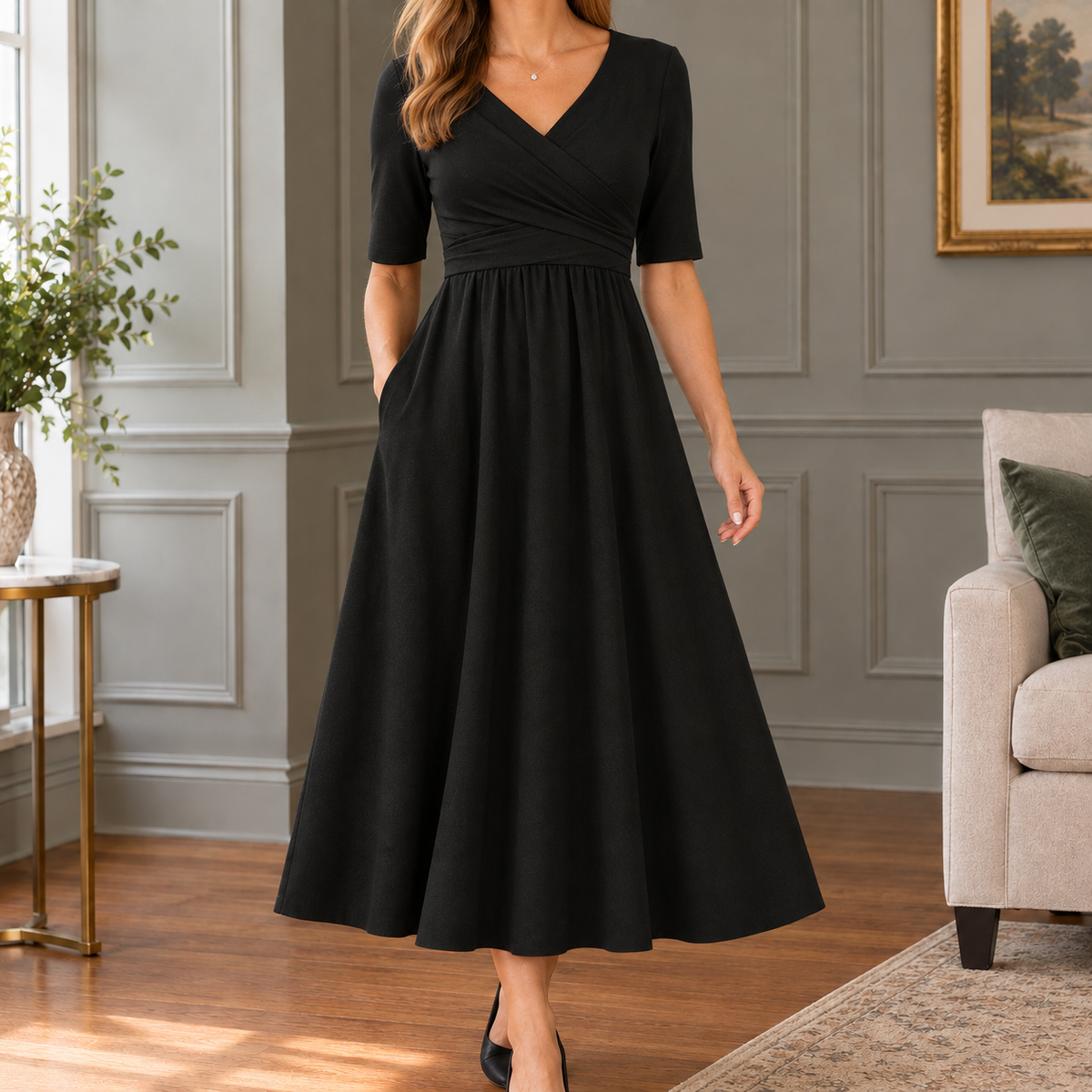 Heloise Wrap Midi Dress - Black