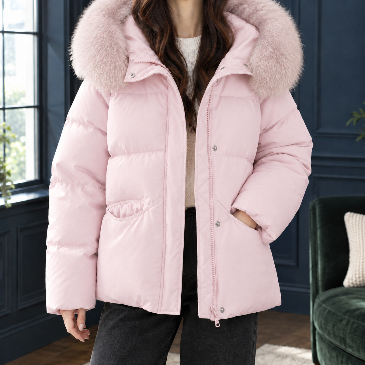 Millie Fur-Trim Puffer Jacket - Pink