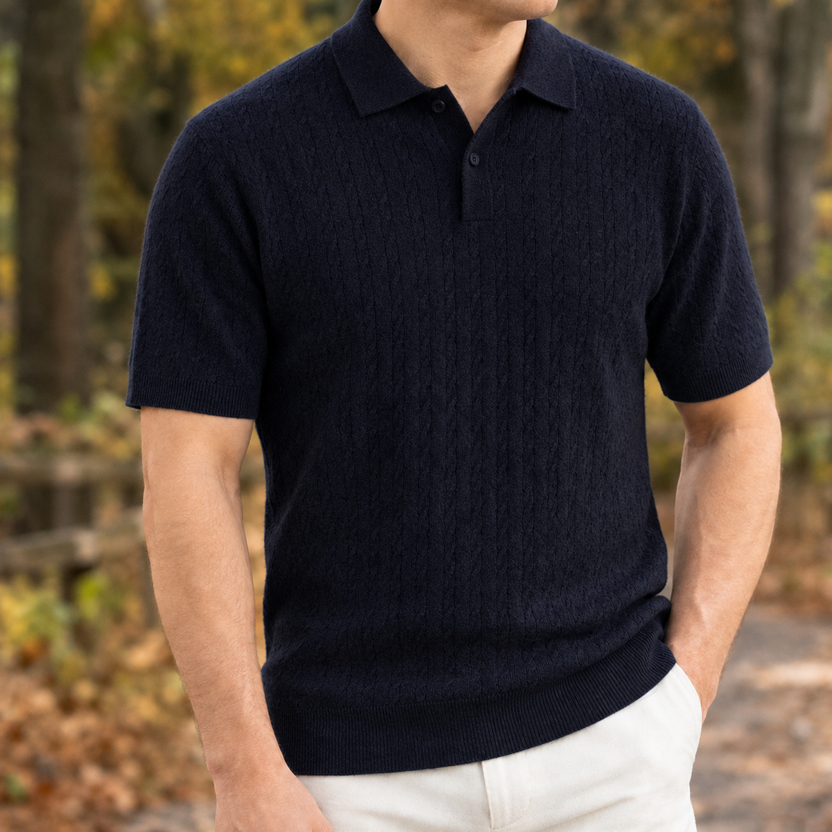 Augustin Cable Knit Polo - Dark Ink Blue