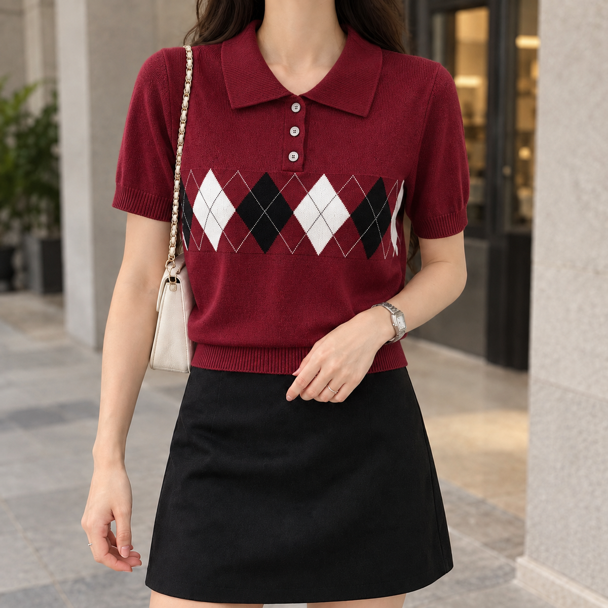 Madeline Argyle Polo Top - Maroon Red