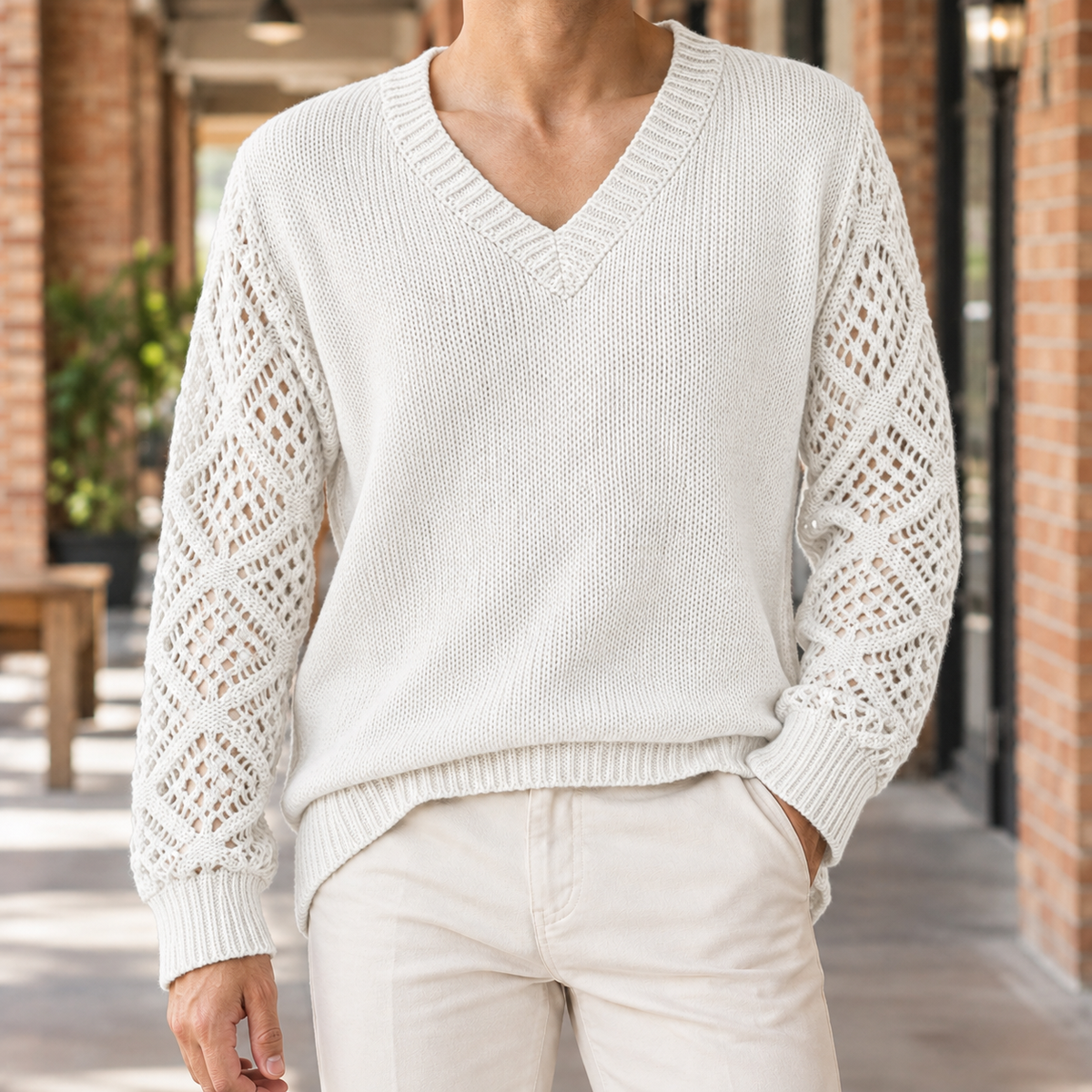 Francis Openwork Sleeve Sweater - White