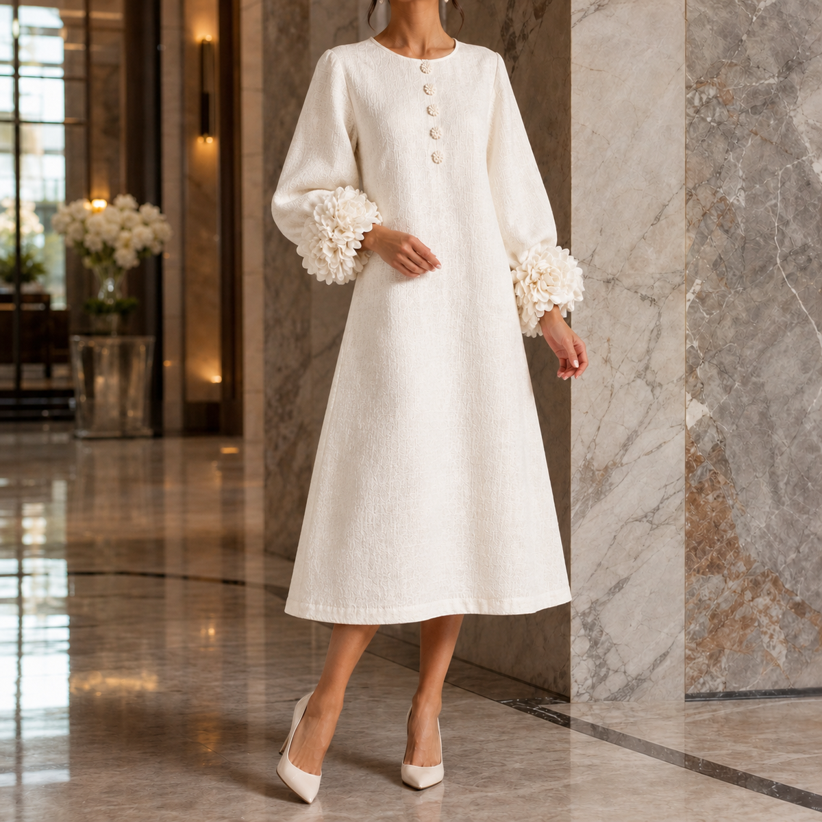 Estella-Eve Floral Cuff Dress - White