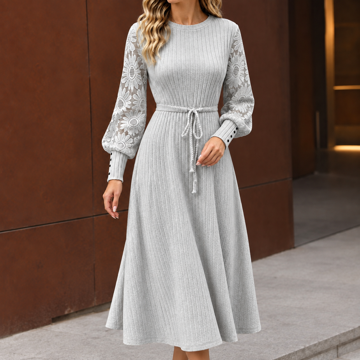 Sasha Lace Sleeve Dress - Gray