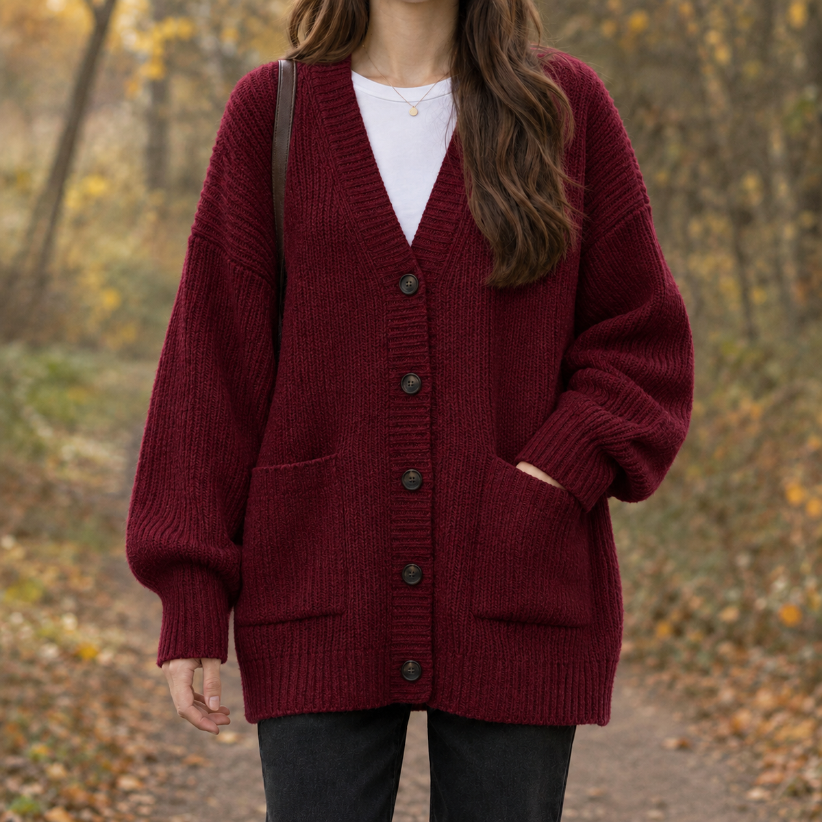 Ottilie-Lane Ribbed Cardigan - Dark Red