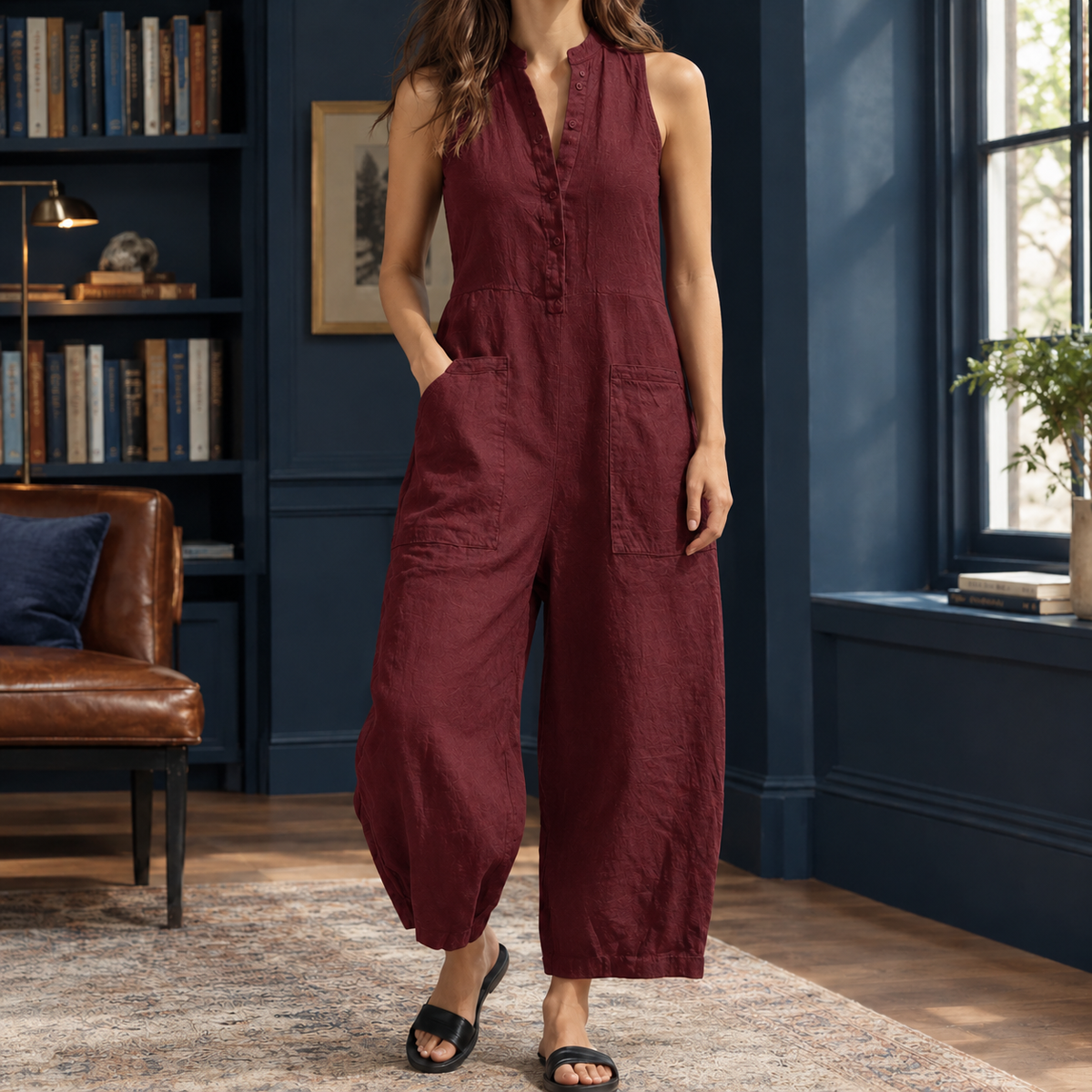 Sylvie-Grace Stand Collar Jumpsuit - Wine Red
