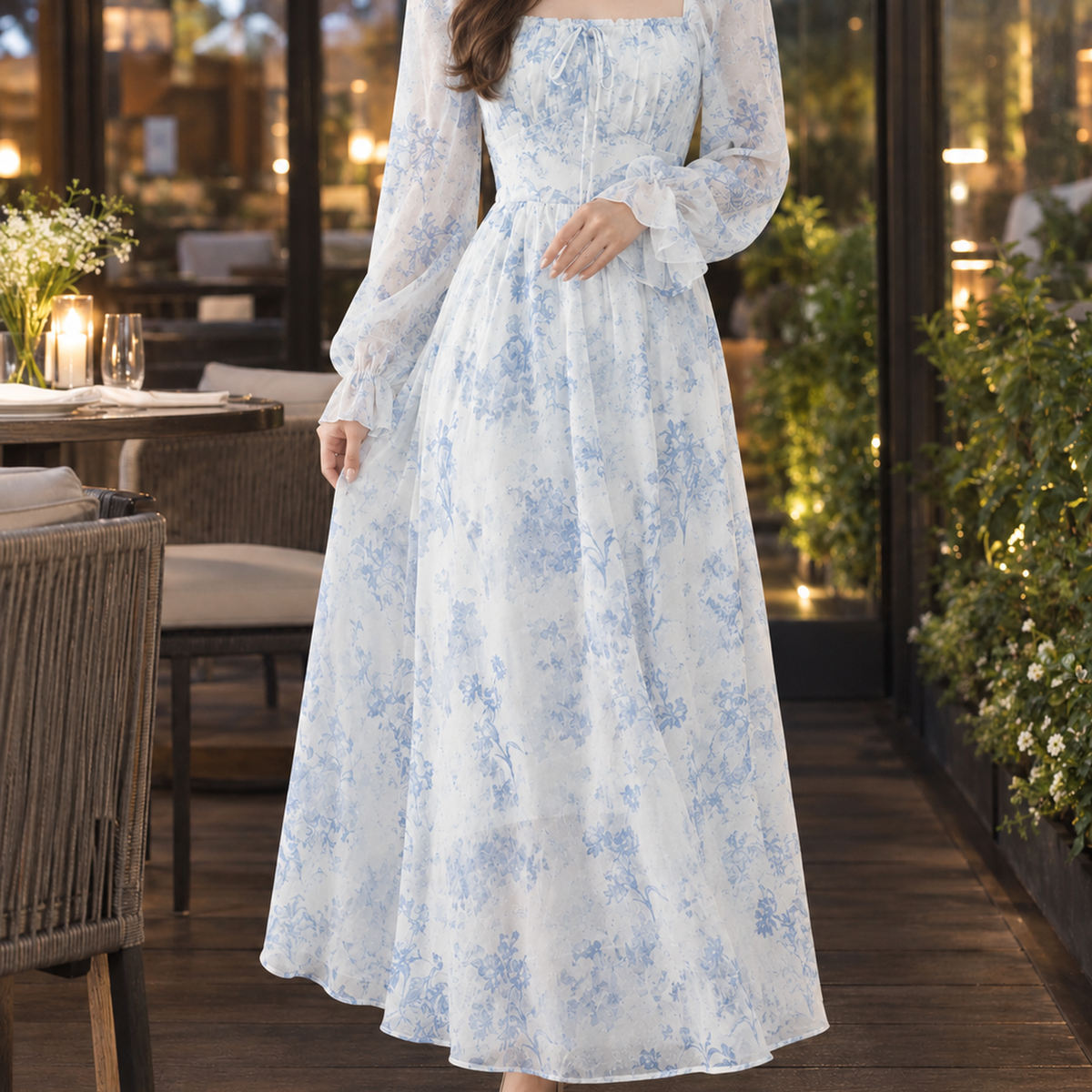 Tatiana-Pearl Floral Midi Dress - Pale Blue Floral