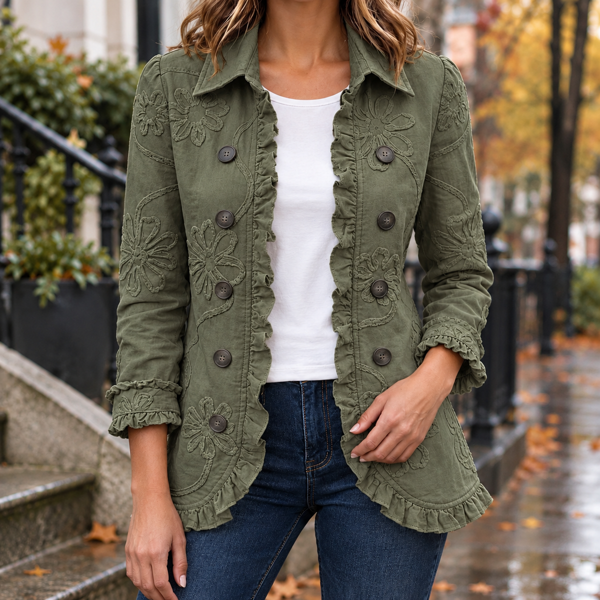 Sylvie-Faye Ruffle Trim Jacket - Olive Green