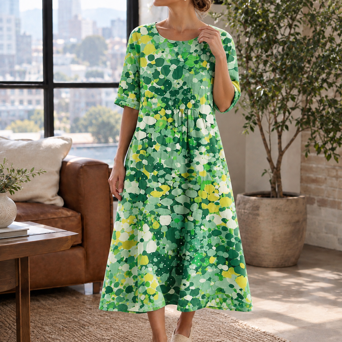 Modesty Gathered Midi Dress - Green