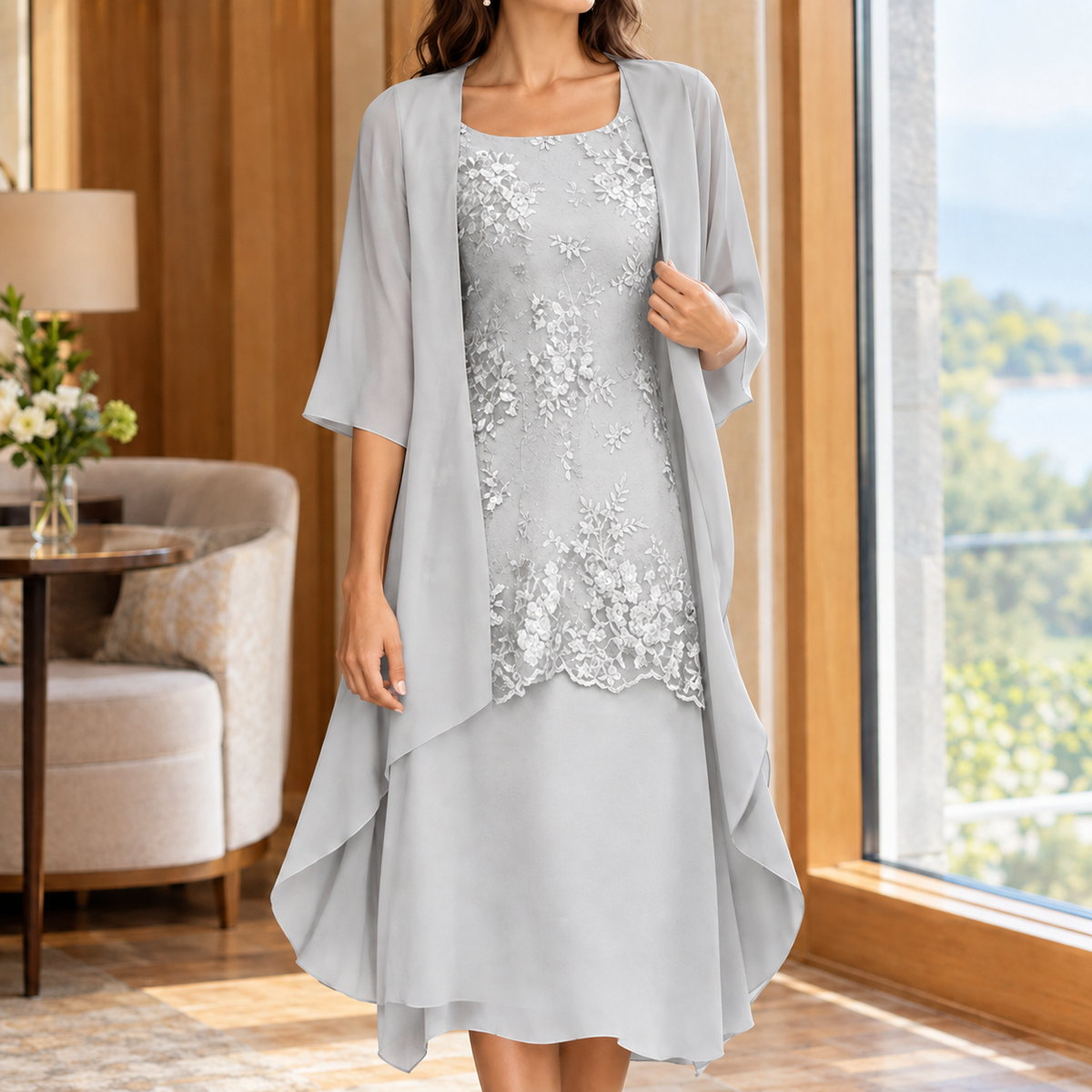 Lily Lace Cape Set - Gray