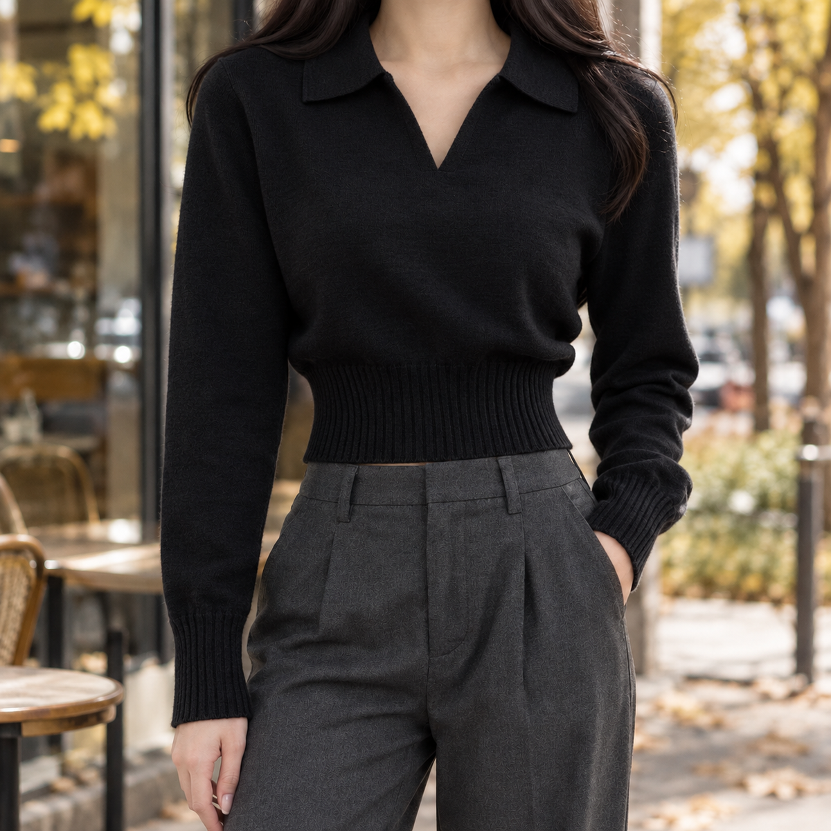 Tiphaine-Eve Polo Knit Top - Black