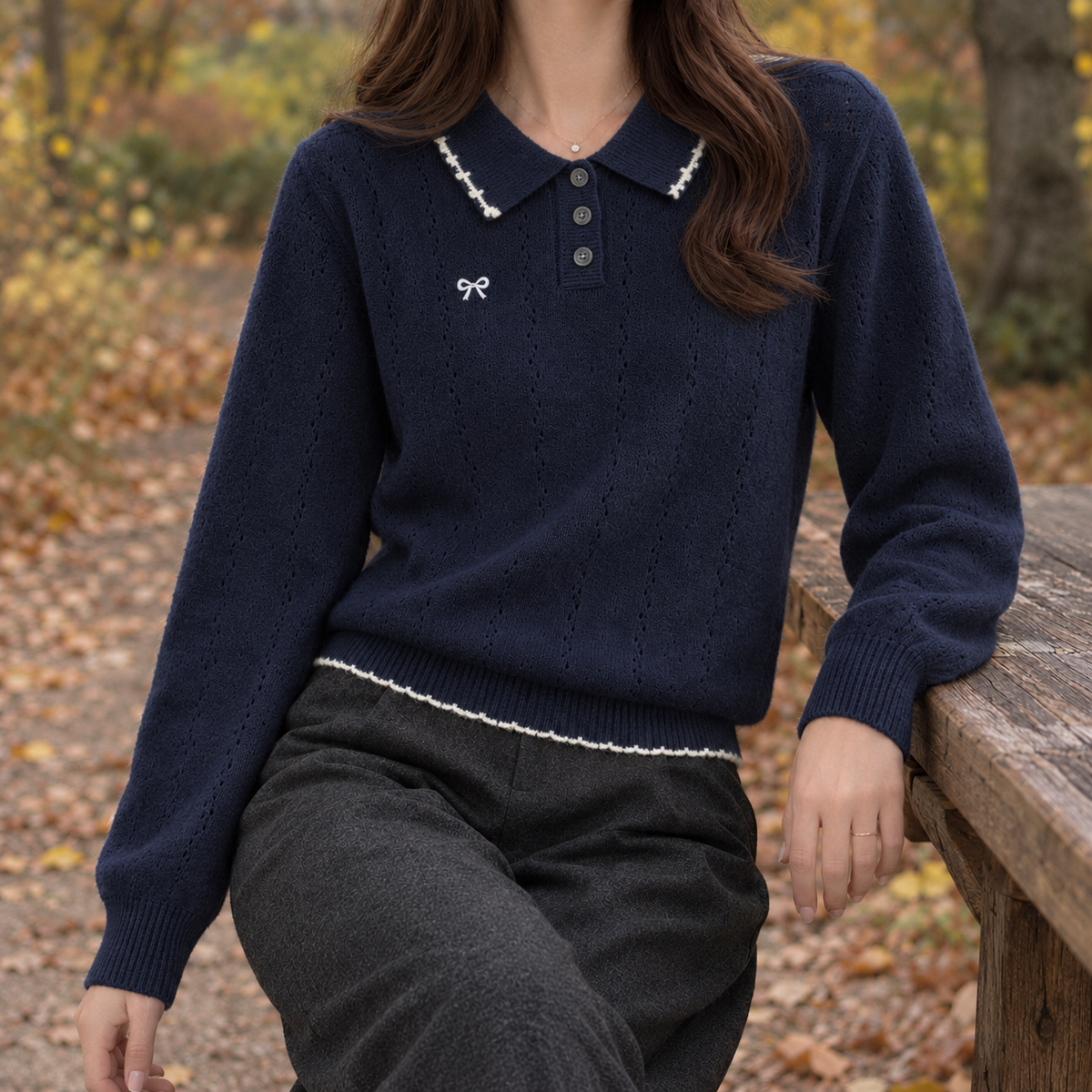 Ariane-Marie Pointelle Polo Sweater - Navy Blue