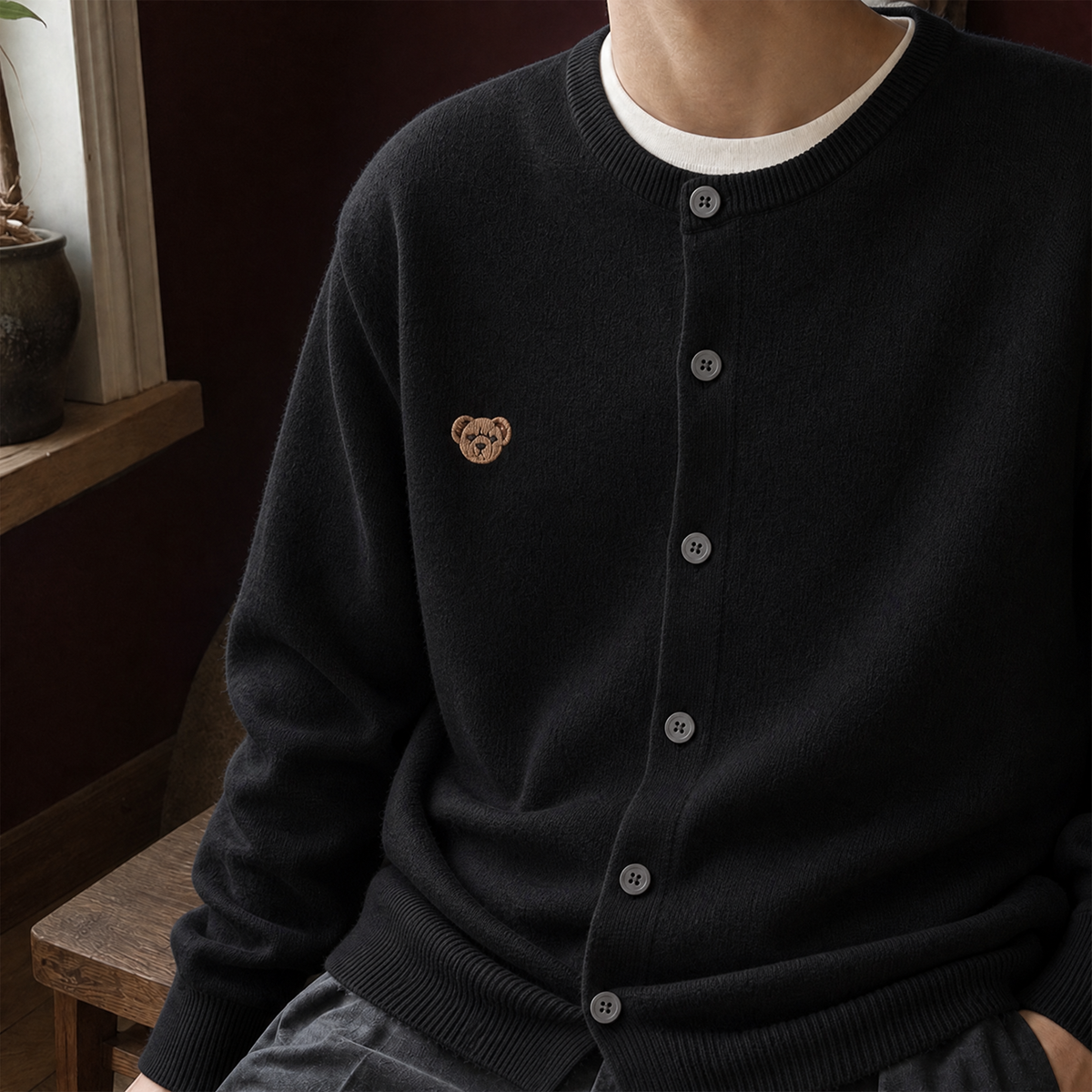 Cyprian Bear Knit Cardigan - Black