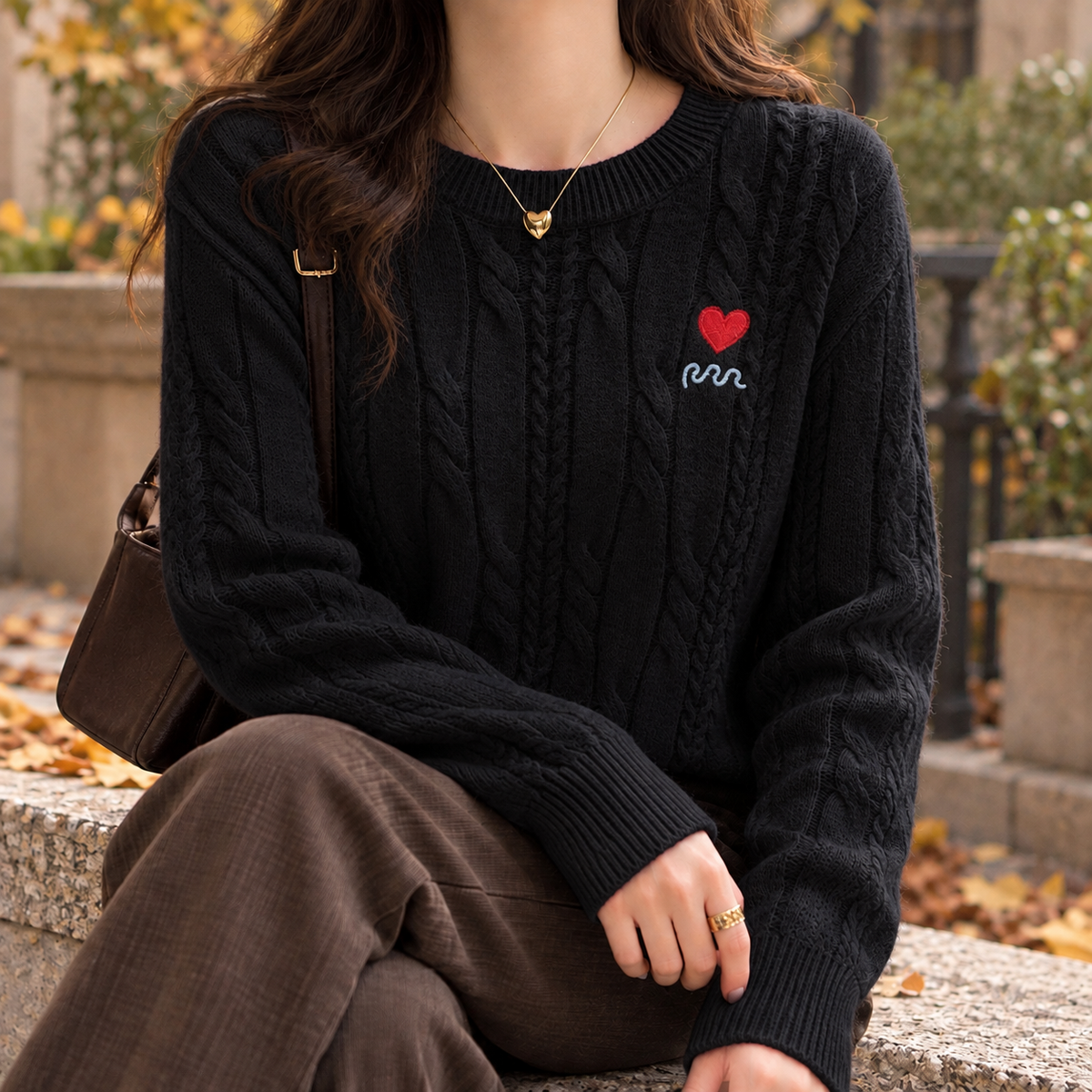 Ines Heart Cable Sweater - Black