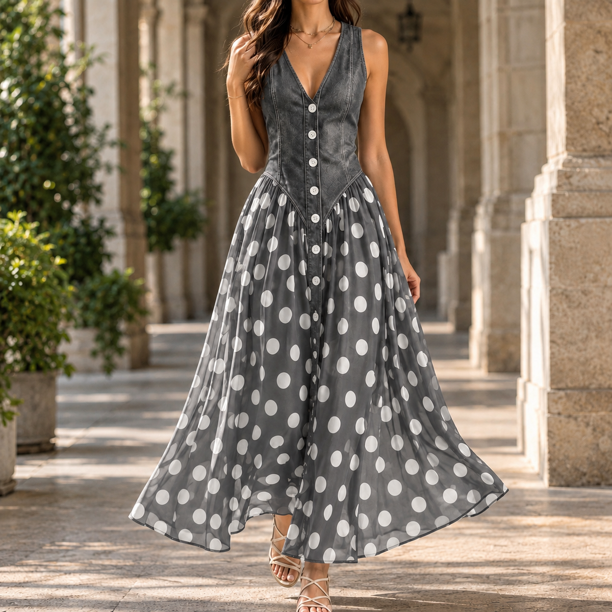 Wilhelmina Polka Dot Maxi Dress - Gray