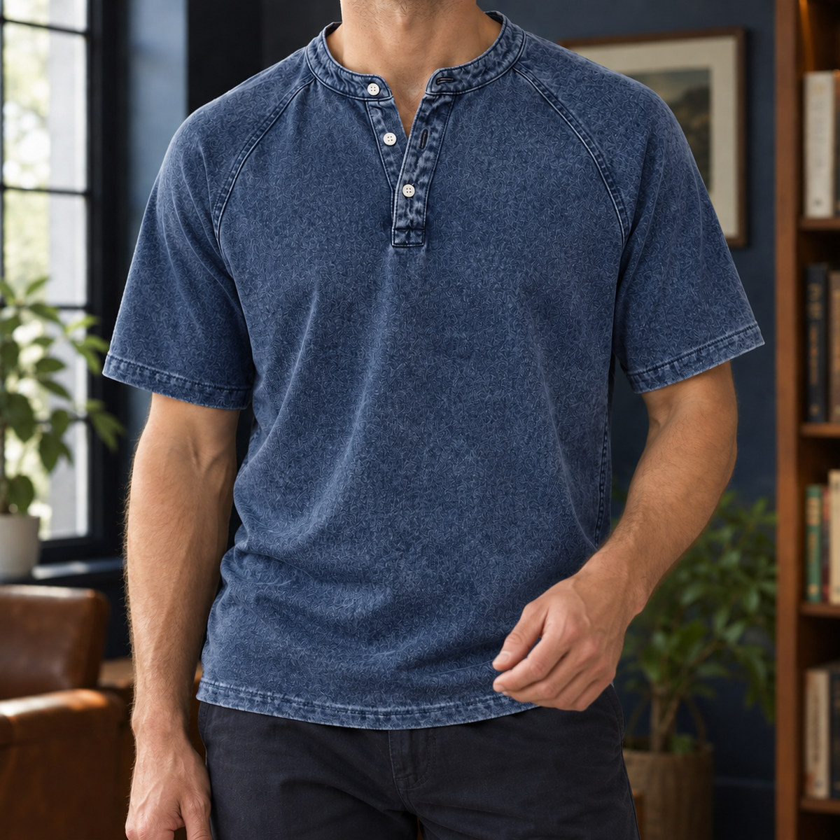 Armand Washed Henley - Dark Blue 2