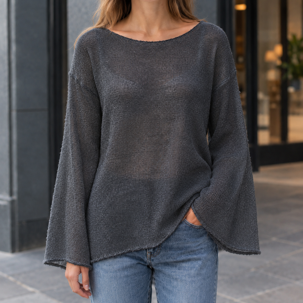 Freya-Kate Sheer Knit Top - Dark Gray