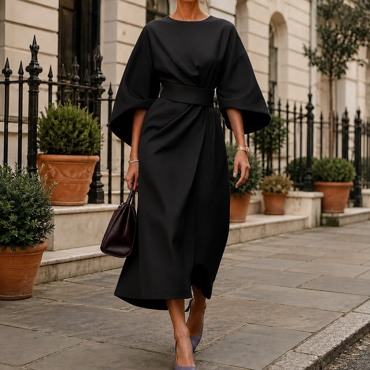 Juliet Belted Midi Dress - Black
