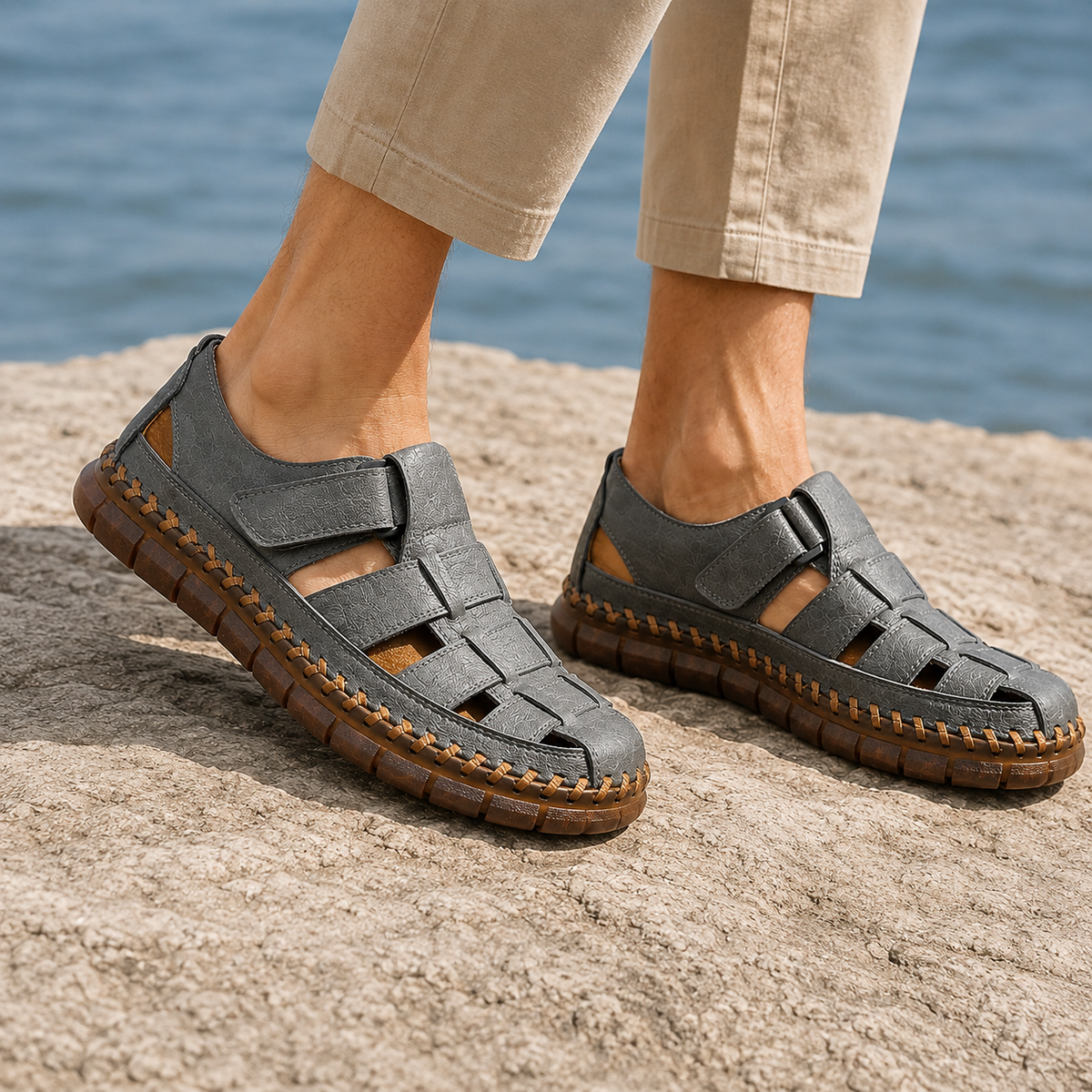 Emilio Leather Fisherman Sandals - Gray