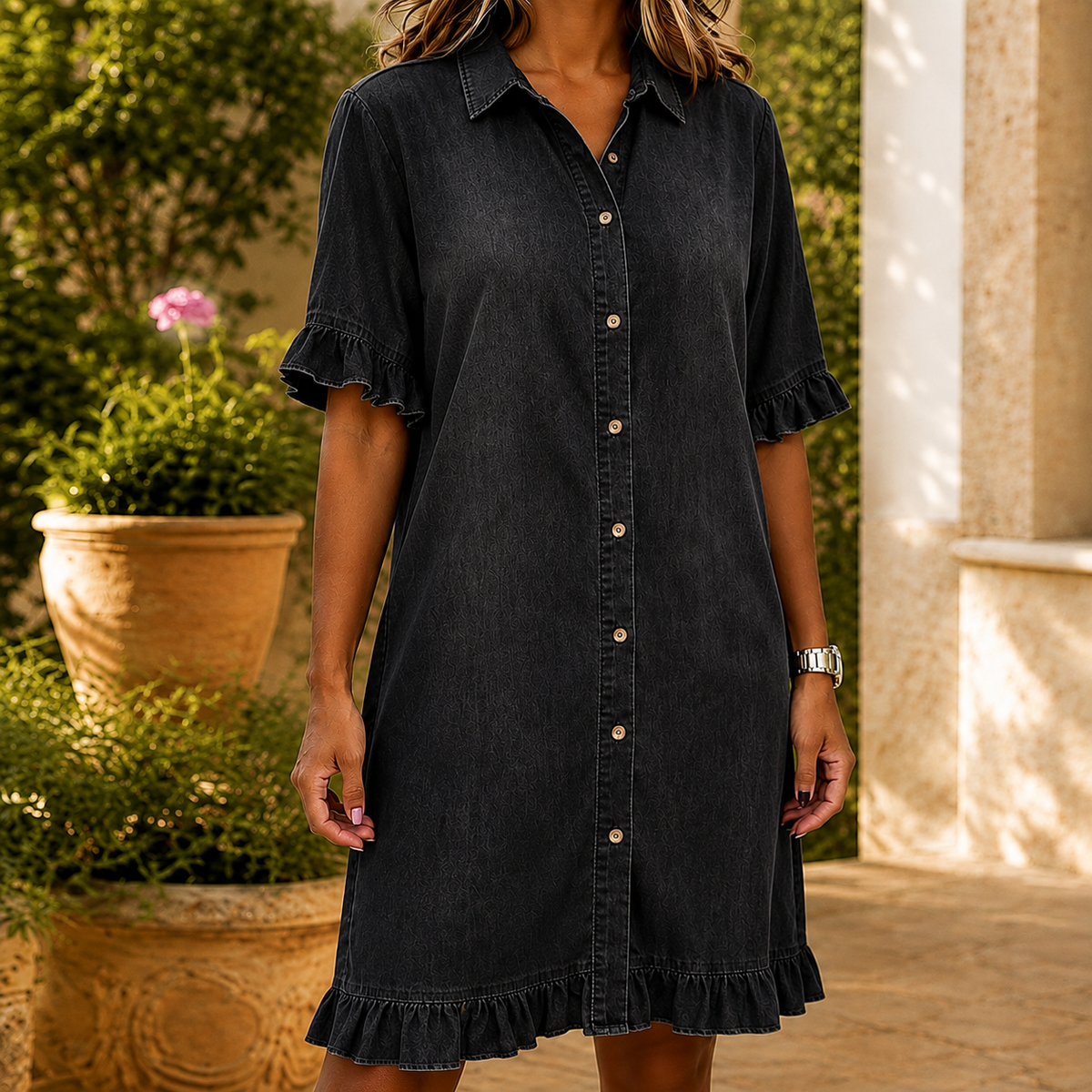 Zelda Ruffle Shirt Dress - Black