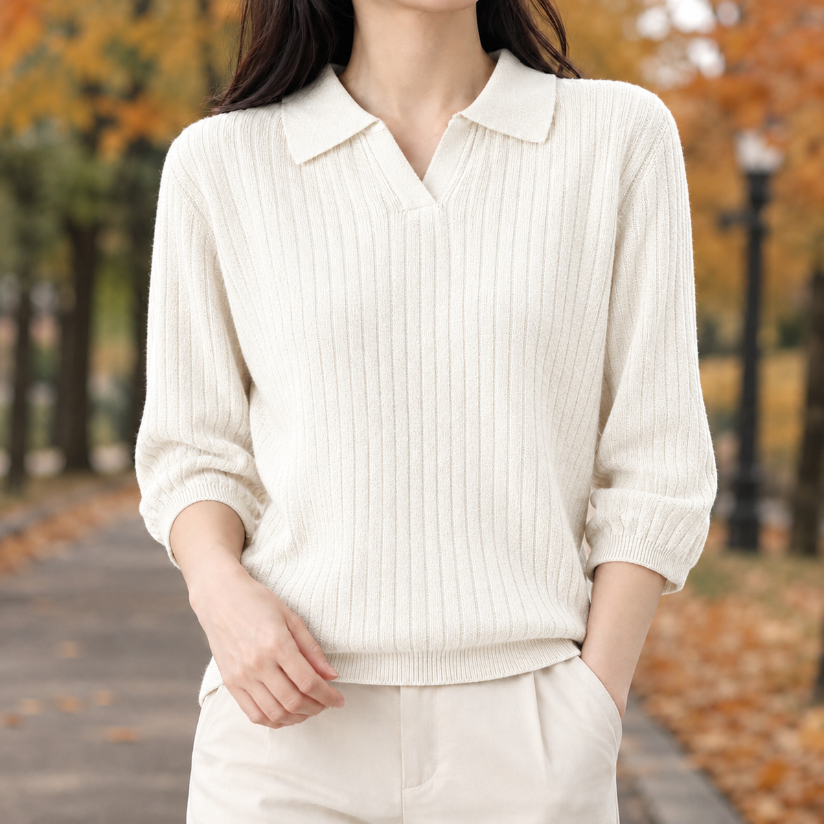 Cecilia-Grace Polo Collar Sweater - Off White