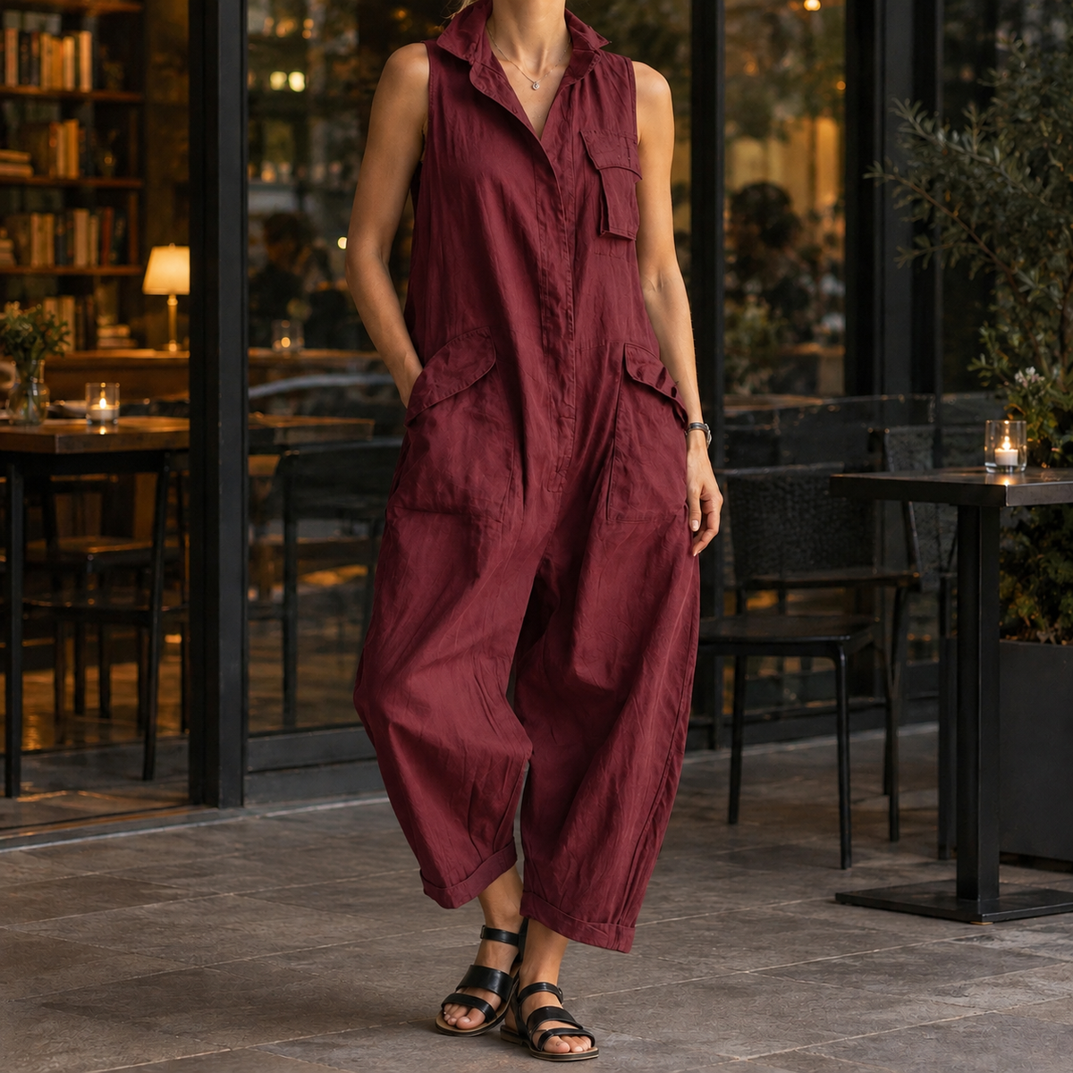 Crystal Wide Leg Jumpsuit - Wine Red