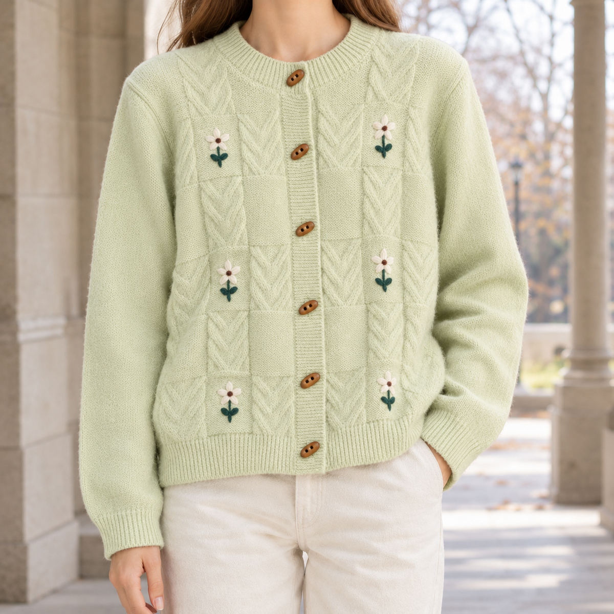 Morgan-Skye Embroidered Knit Cardigan - Light Green