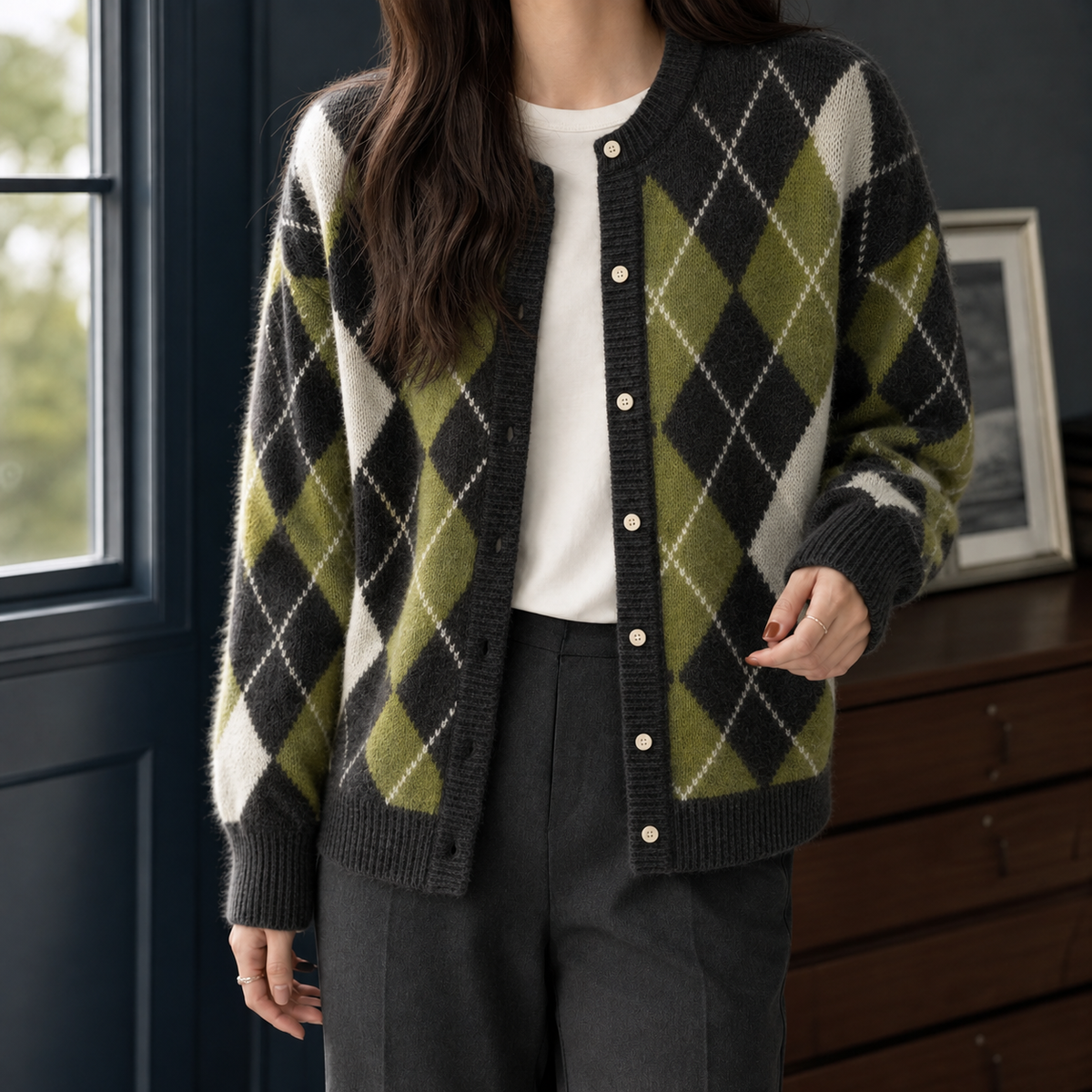 Audrina Argyle Cardigan - Black