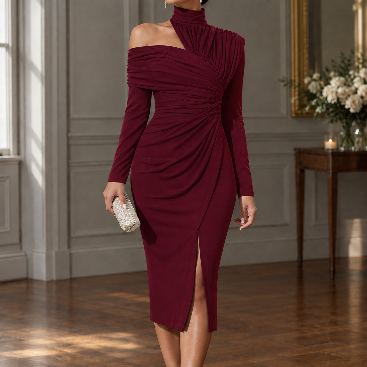 Carina Asymmetric Midi Dress - Wine Red