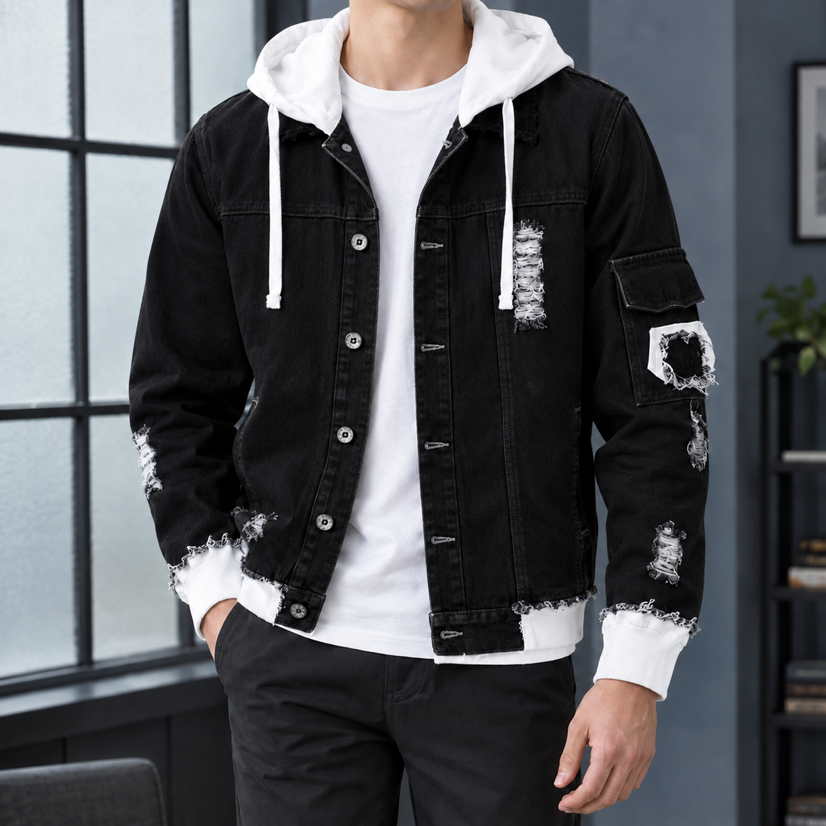 Damien Hooded Denim Jacket - Black