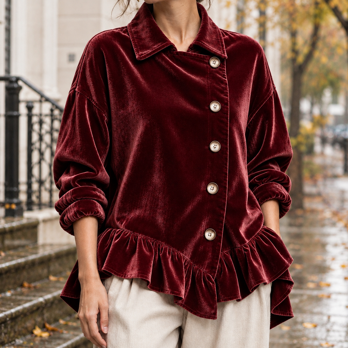 Calla-Elise Ruffle Hem Jacket - Red