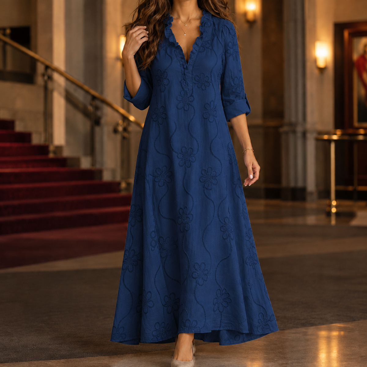 Dahlia-Sage Embroidered Maxi Dress - Navy Blue