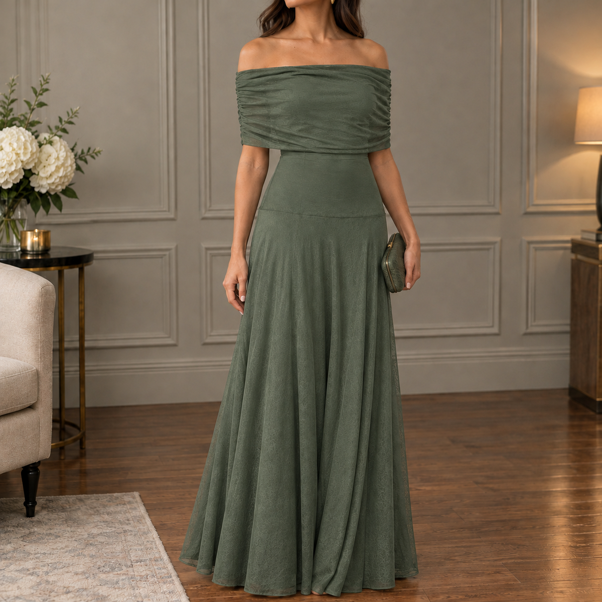 Ysabel Off Shoulder Dress - Olive Green