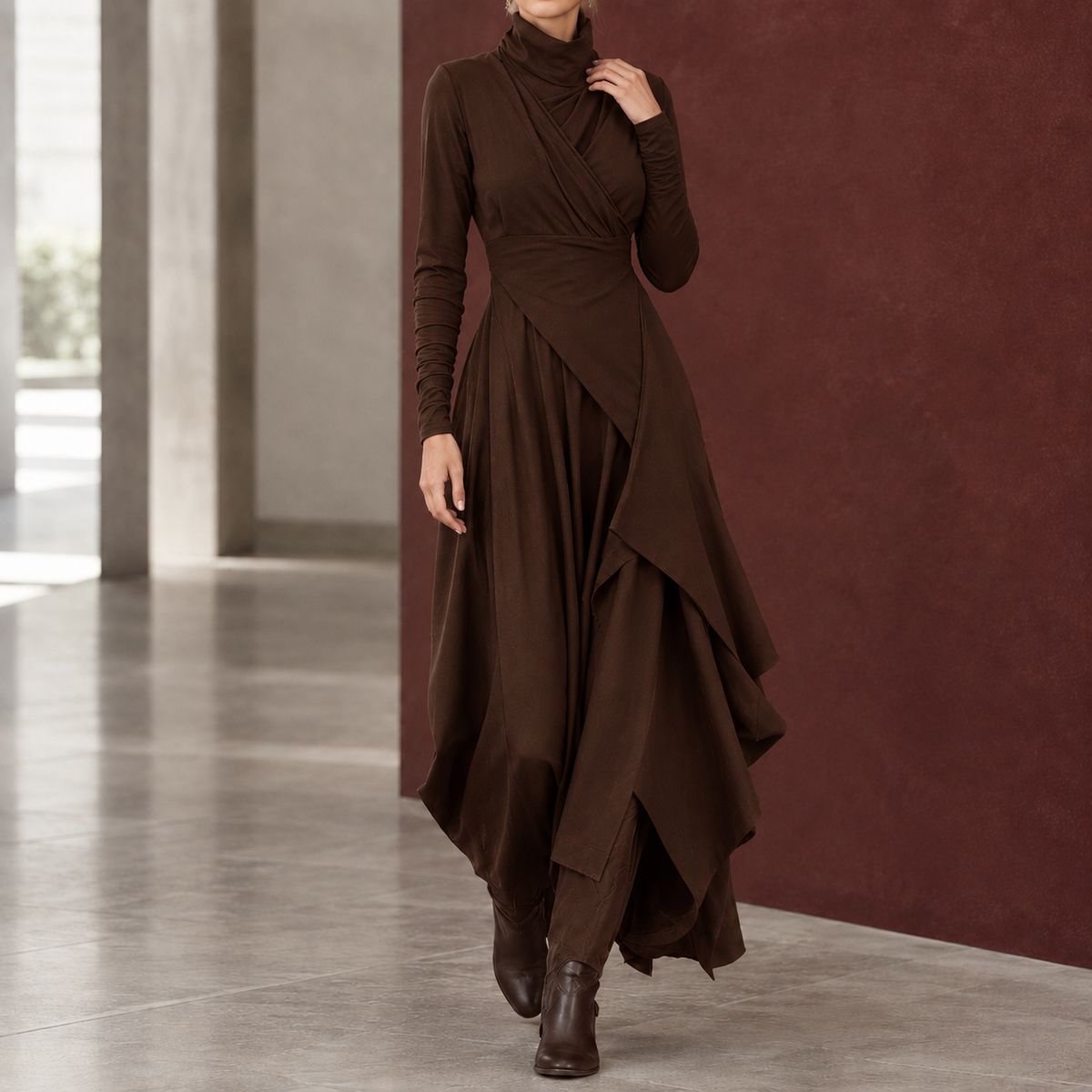 Godiva Asymmetric Maxi Dress - Dark Brown