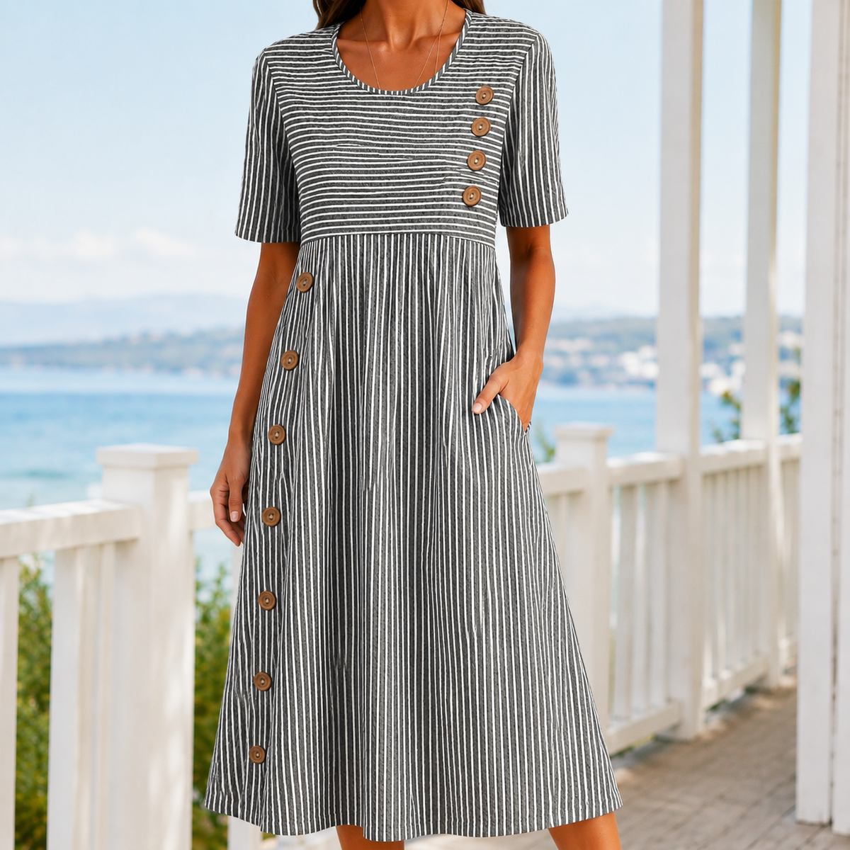 Simone Striped Midi Dress - Gray