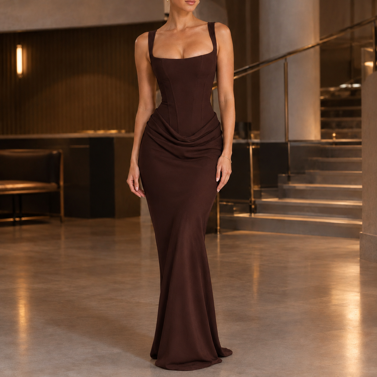 Bella-Kate Corset Maxi Dress - Brown