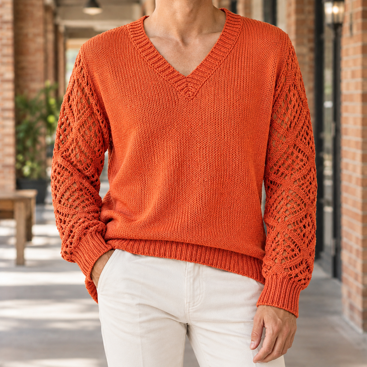 Francis Openwork Sleeve Sweater - Orange