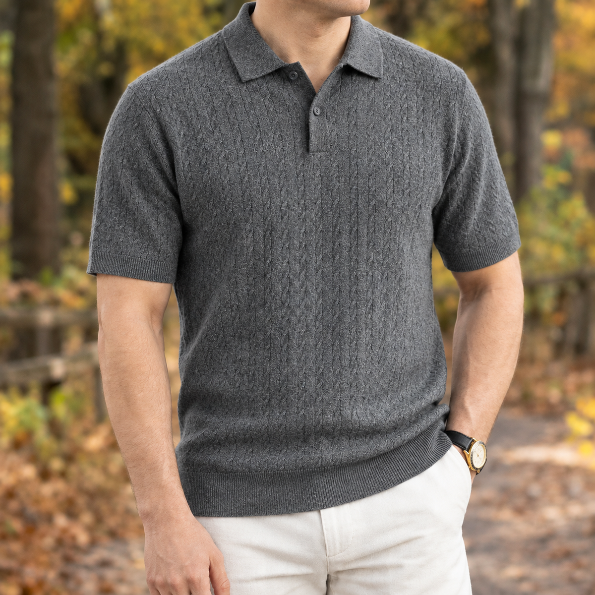 Augustin Cable Knit Polo - Iron Gray