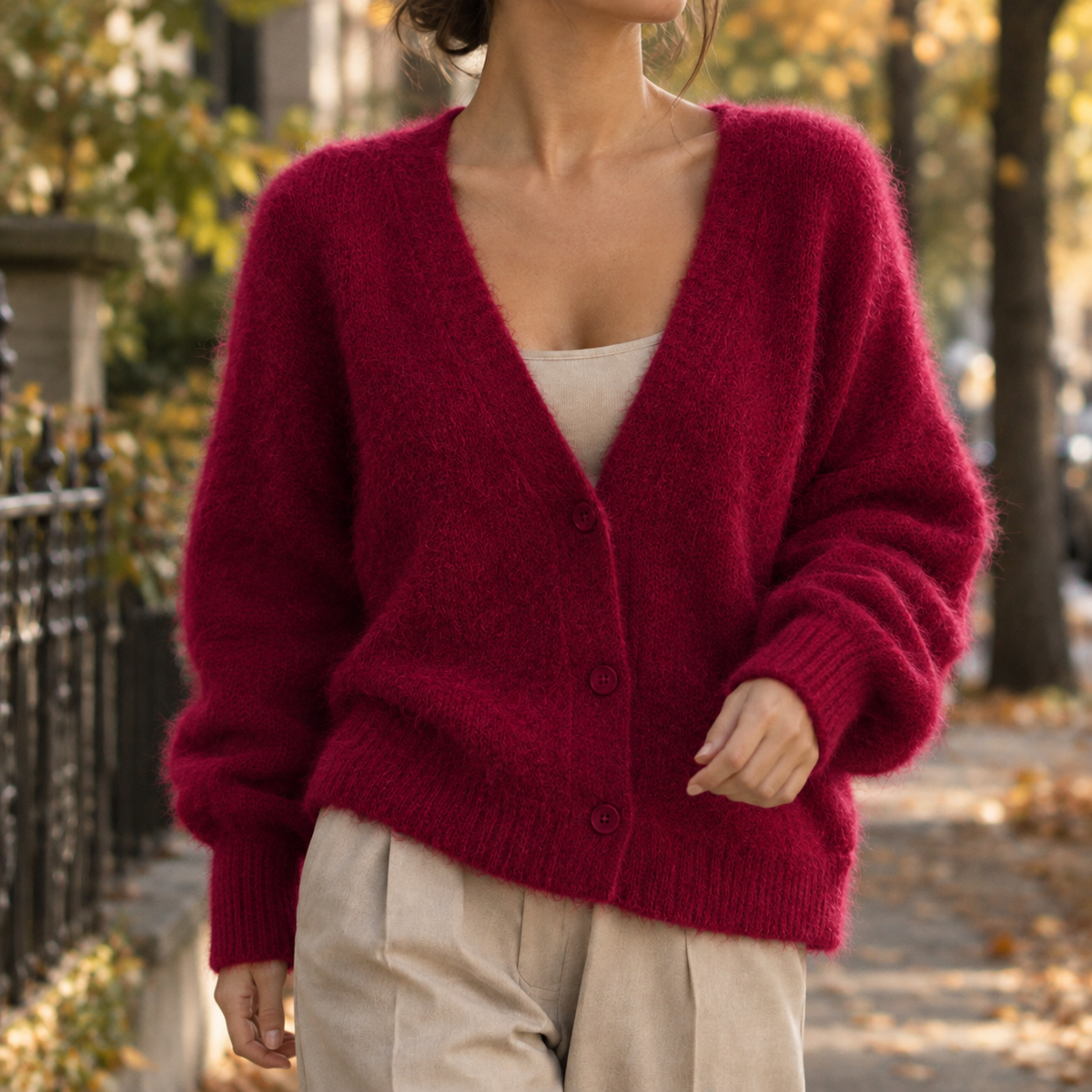 Fabienne V-Neck Cardigan - Wine Red