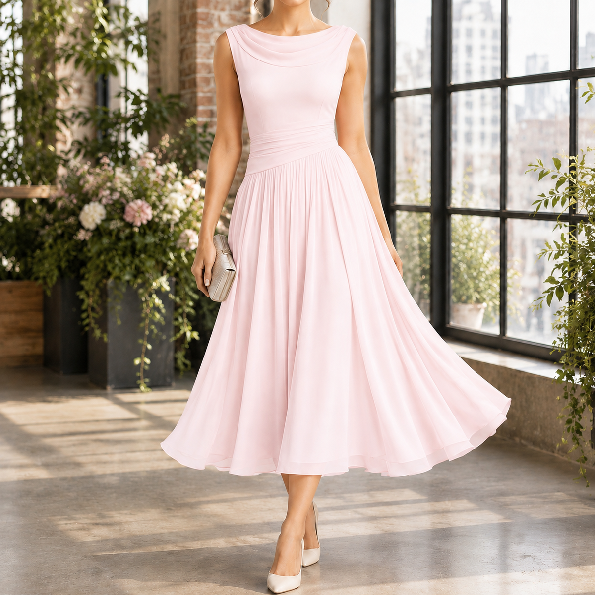 Gabriella Draped Midi Dress - Pink