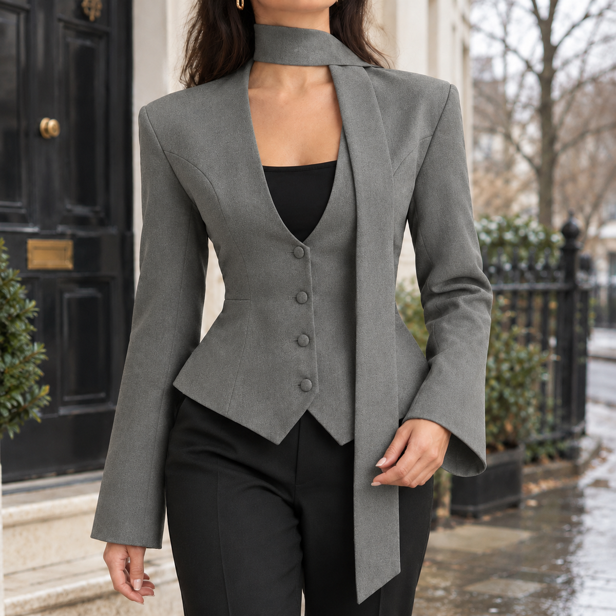 Monroe Scarf Neck Top - Gray
