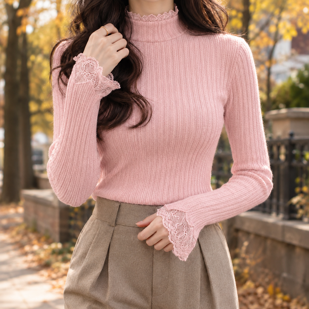 Xenia-Sage Lace Trim Sweater - Pink